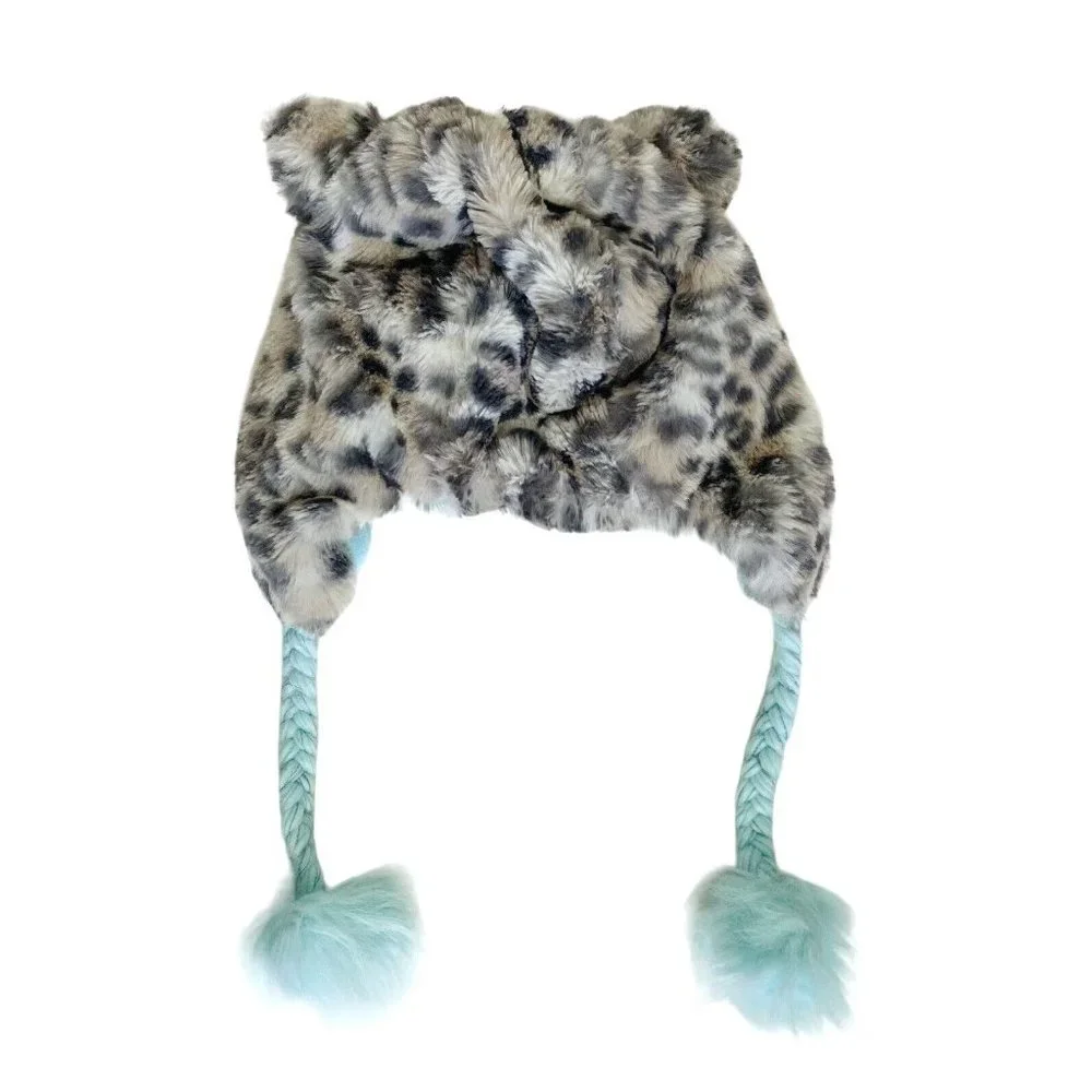 Justice Girl’s Letter N One Size Cheetah Cat Earflap Hat Faux Fur Grey Teal Blue